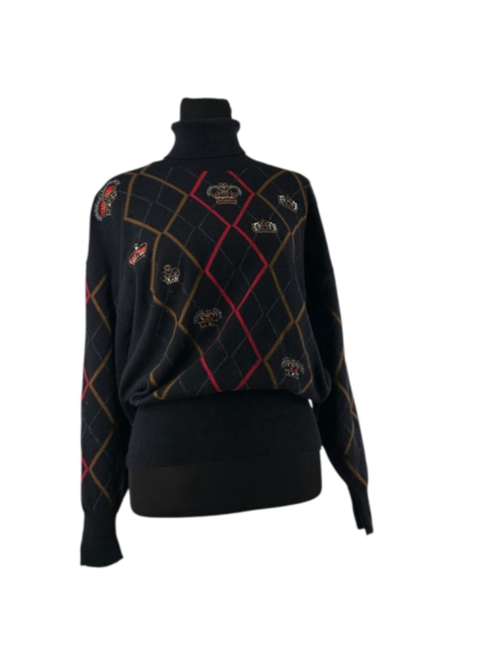 Escada vintage Crown argyle sweater Jewel Embroidered British Crown Blue Sz sm